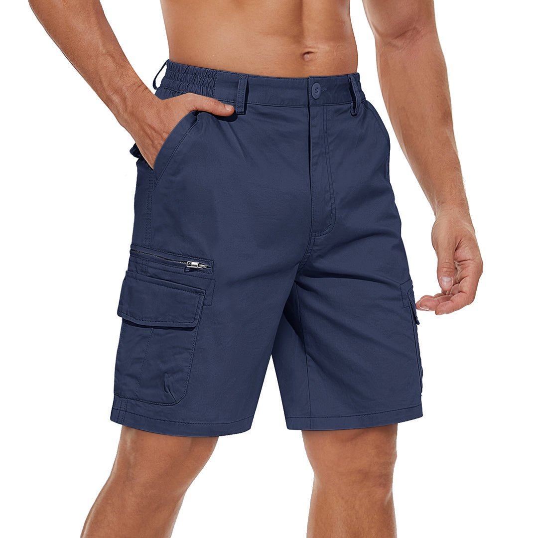 Men's khaki cargo shorts lightweight breathable cotton-spandex blend elastic waistband hiking outdoor