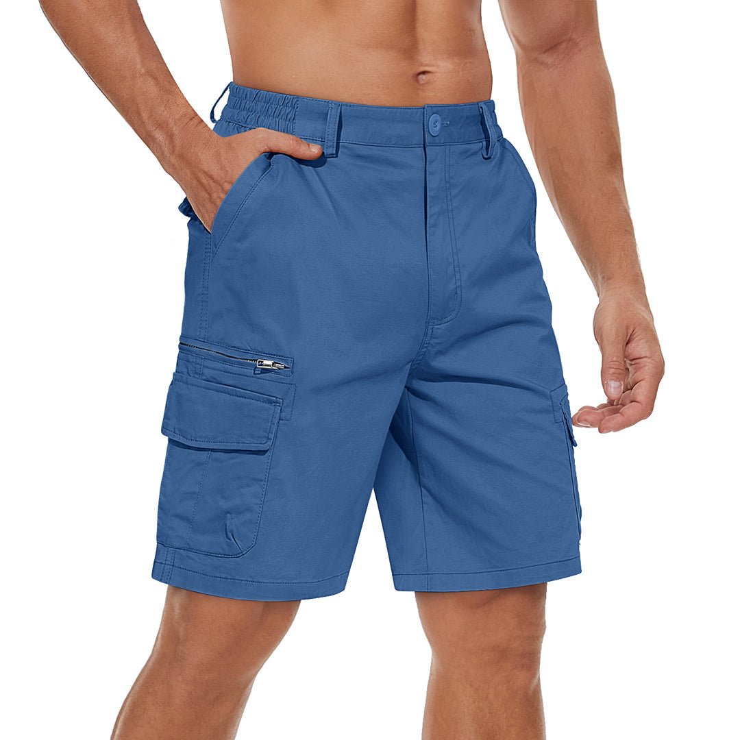 Men's lightweight cargo hiking shorts in neutral tone, elastic waistband, 97% cotton stretch fabric