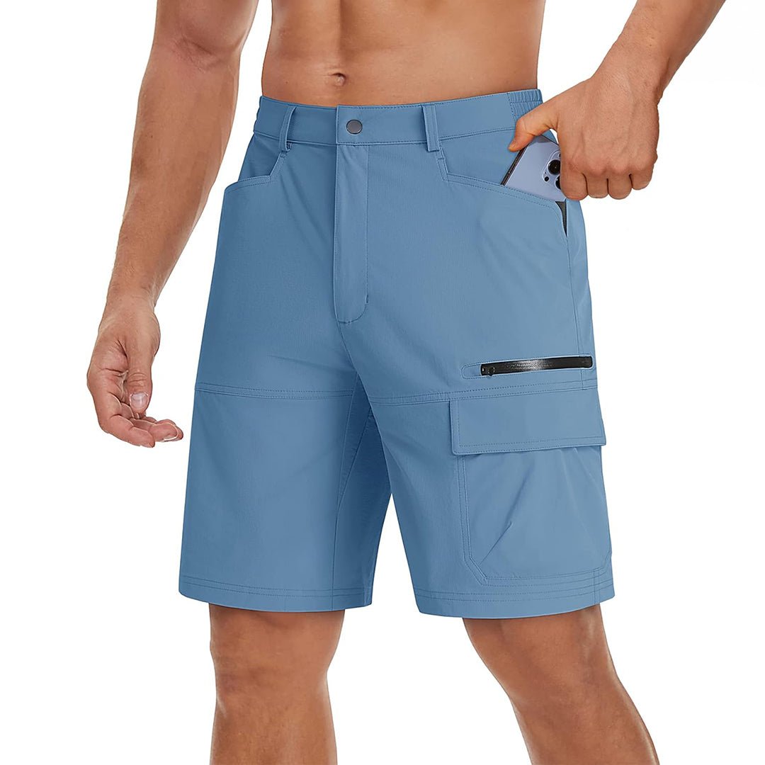 Men's quick-dry hiking cargo shorts in stretch nylon blend with elastic waistband for outdoor adventures