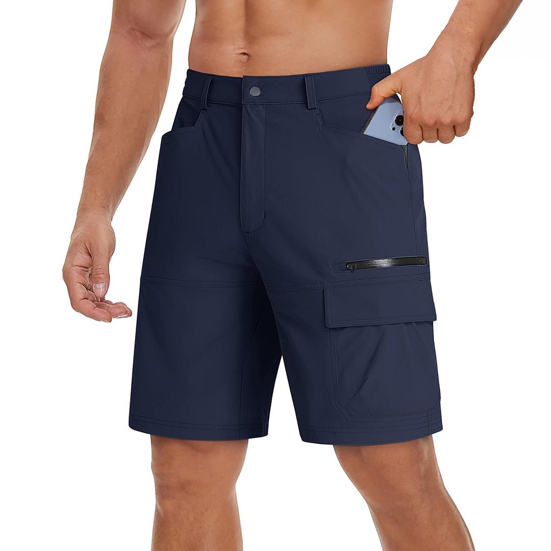 Men's quick-dry hiking cargo shorts in stretch nylon with elastic waistband for outdoor summer adventures