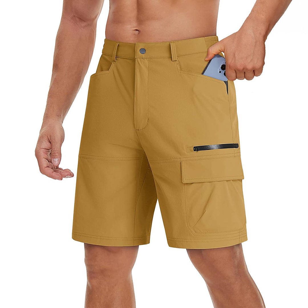 Men's quick-dry hiking cargo shorts in stretch nylon with elastic waistband for outdoor summer adventures
