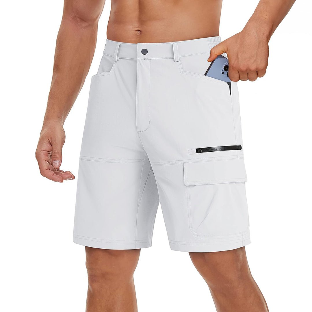 Men's quick-dry hiking cargo shorts khaki stretch nylon elastic waistband outdoor summer adventures