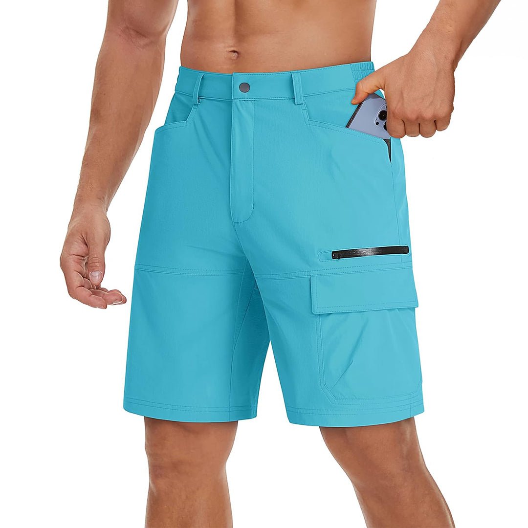 Men's quick-dry hiking cargo shorts in stretch nylon blend with elastic waistband and multi-pocket design