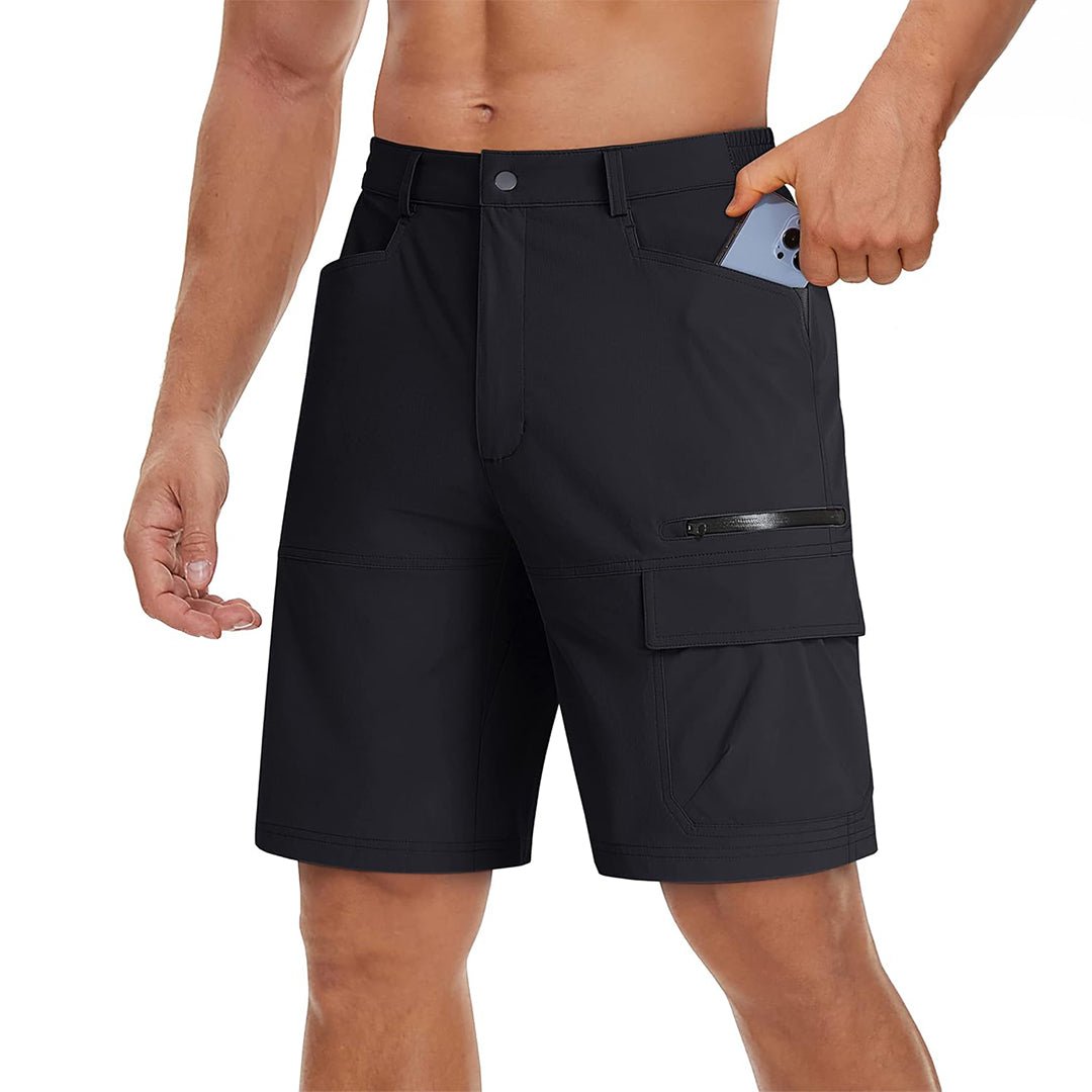 Men's quick-dry cargo hiking shorts in stretch nylon with elastic waistband and multi-pocket design