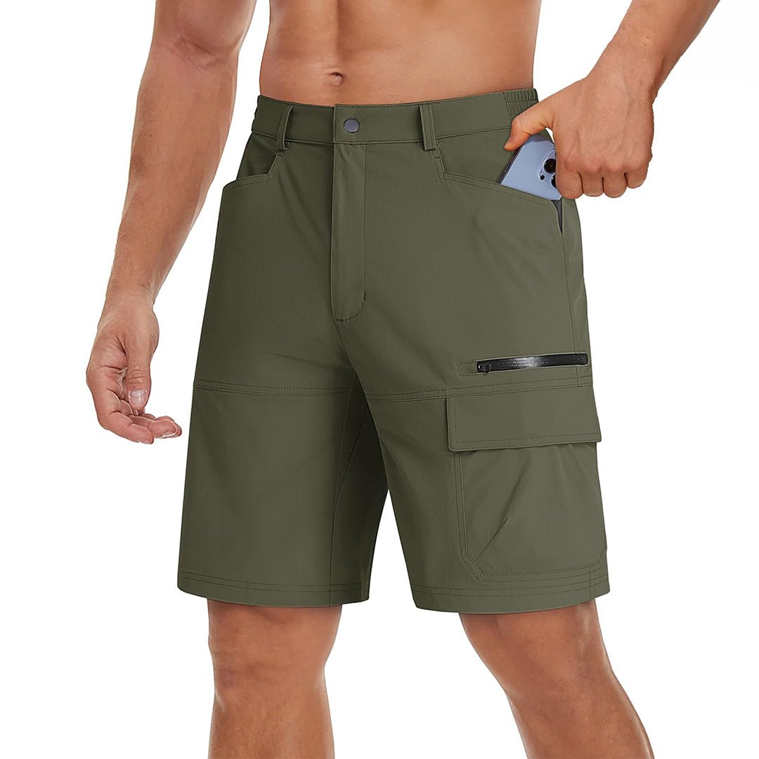 Men's quick-dry cargo hiking shorts in stretch nylon blend with elastic waistband and multi-pocket design