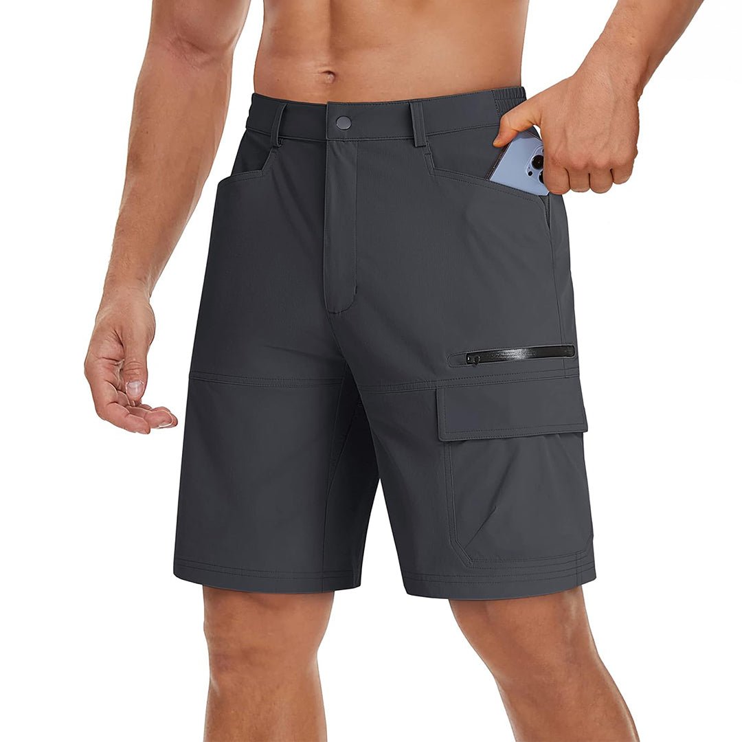 Men's quick-dry hiking cargo shorts in stretch nylon, elastic waistband, multi-pocket outdoor fit