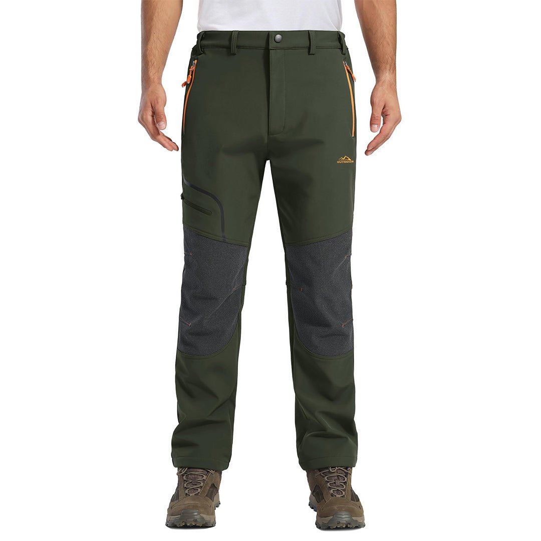 Men's black windproof soft shell hiking pants with fleece lining and water repellent stretch fabric