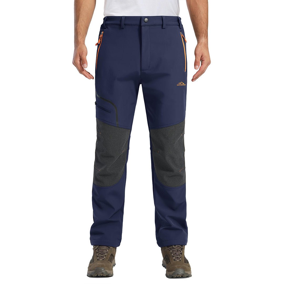 Men's black windproof soft shell hiking pants with fleece lining and water-repellent stretch fabric