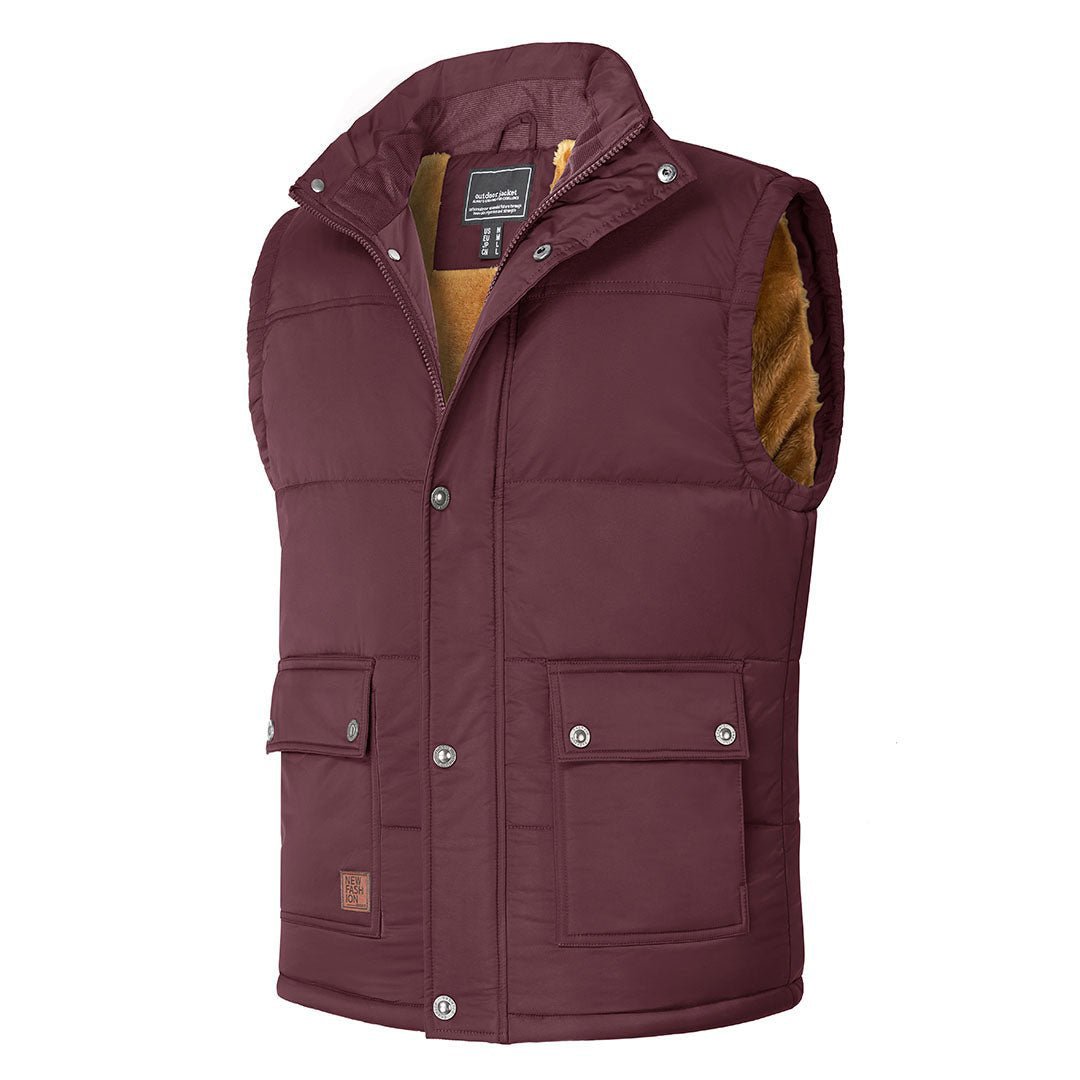 Men's windproof fleece-lined hiking vest with stand collar in neutral outdoor style