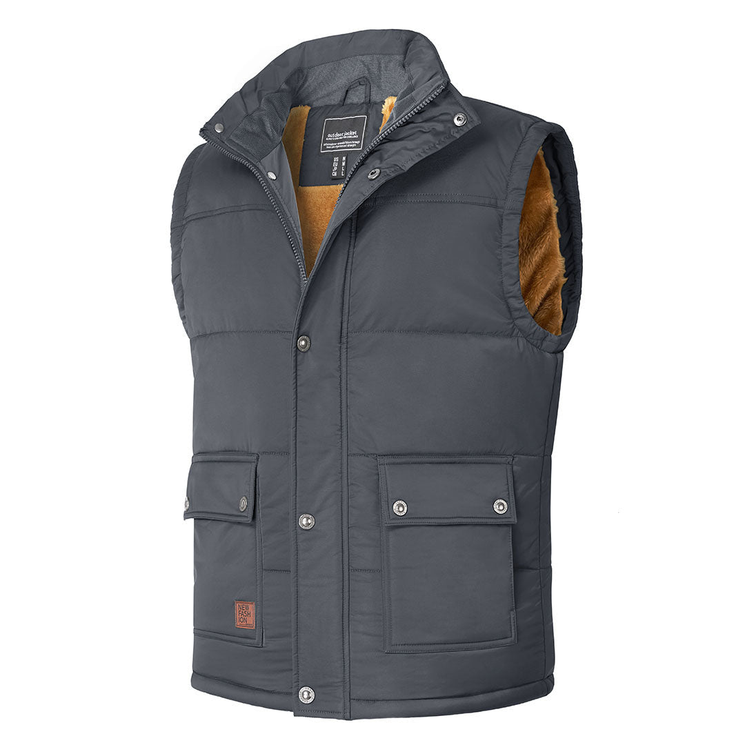 Men's windproof fleece-lined hiking vest with stand collar in neutral outdoor style