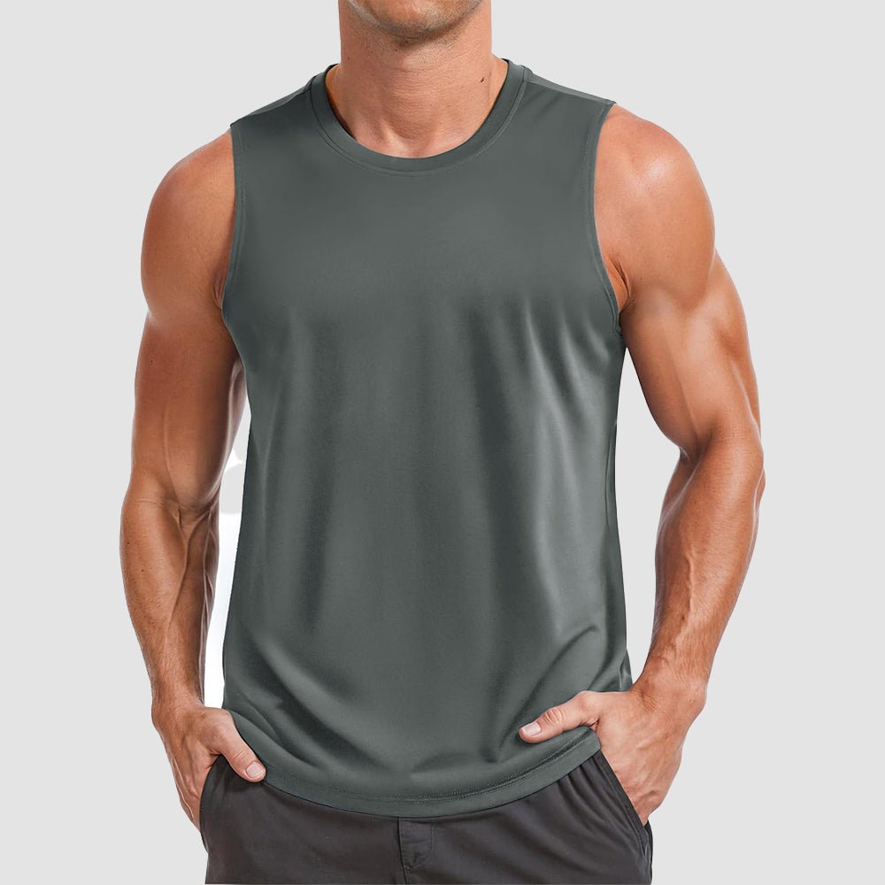 Men's gray performance muscle tank sleeveless training top with UPF 50+ UV shield quick dry fabric