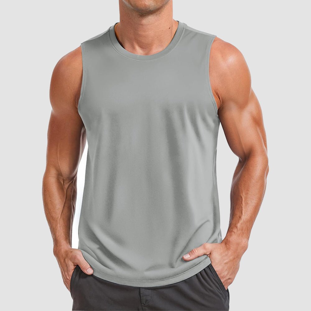 Men's gray UPF 50+ muscle tank sleeveless athletic cut quick-dry performance training top