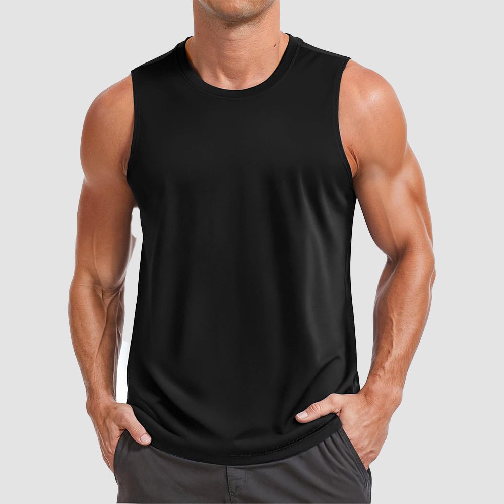 Men's white performance muscle tank sleeveless training top with UPF 50+ UV shield quick dry fit