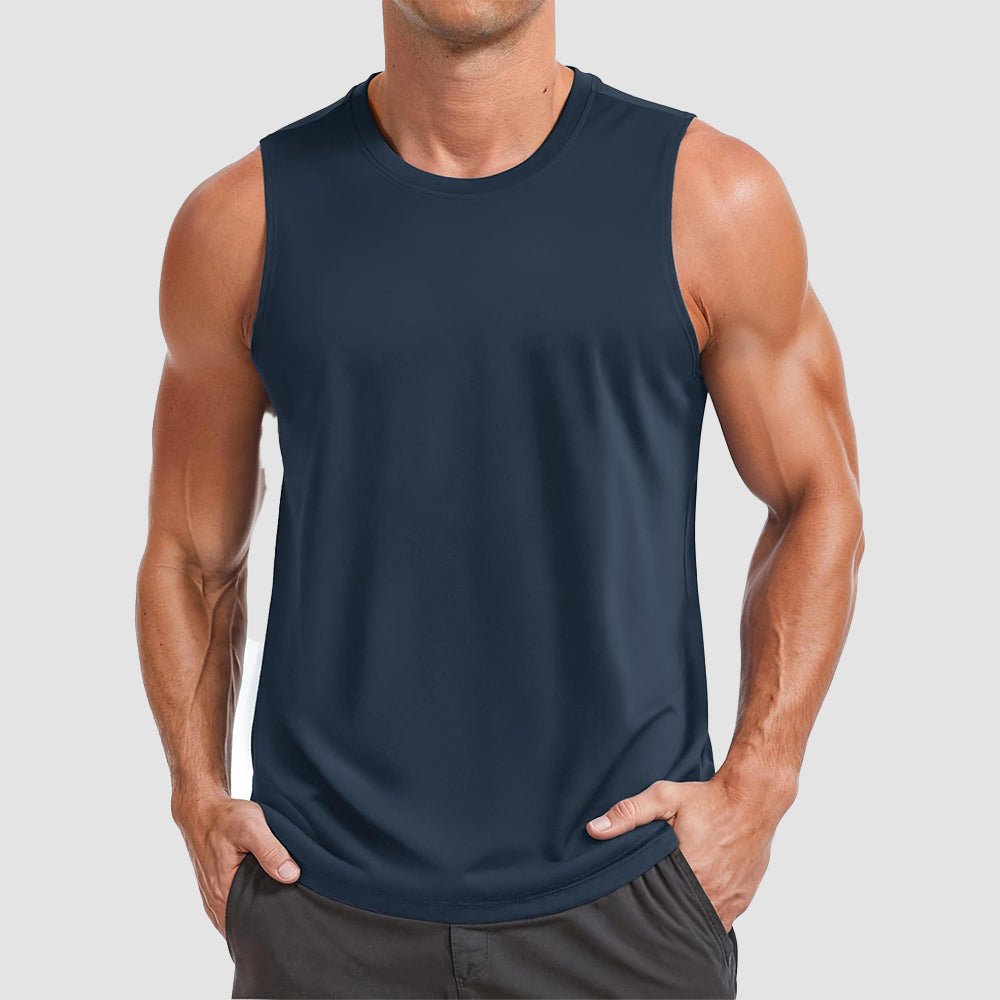 Men's gray UPF 50+ muscle tank sleeveless quick-dry performance training top with UV shield