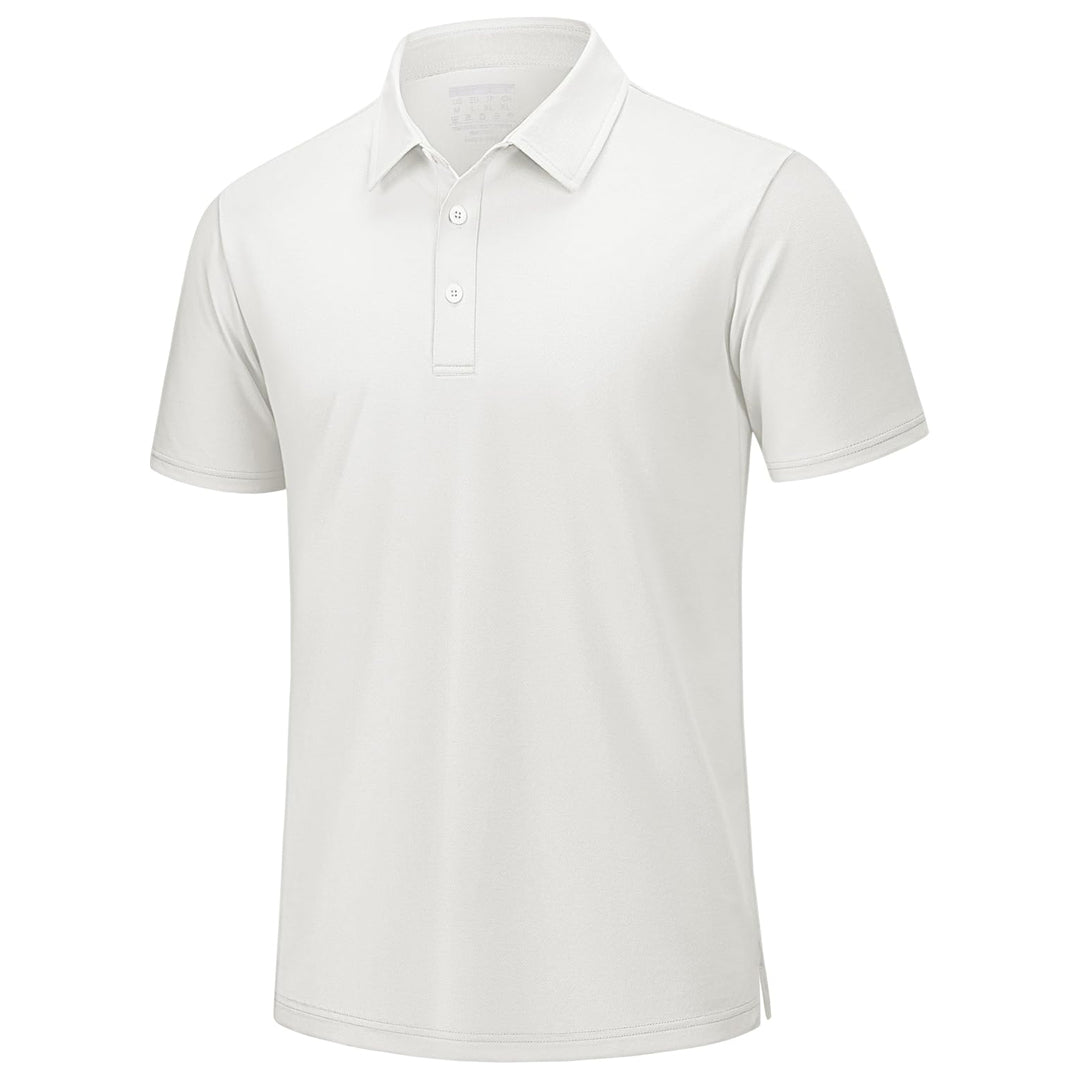 Men's white pique polo shirt with cooling technology, breathable cotton blend, and slim golf fit