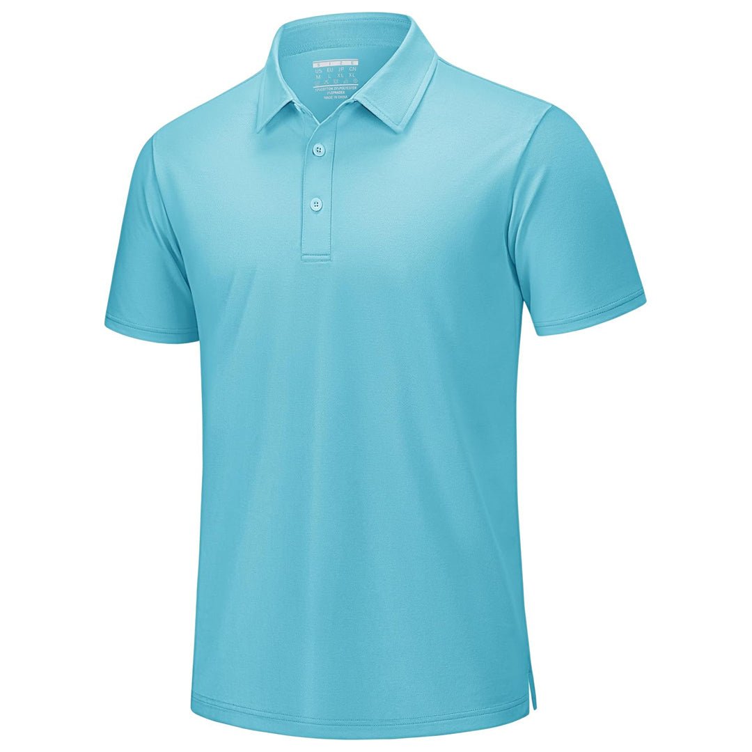 Men's white pique polo shirt with cooling technology, breathable cotton blend, short sleeve golf fit