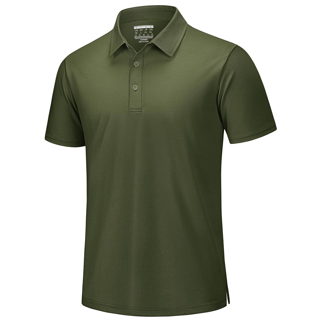 Men's white pique polo shirt with cooling technology, breathable cotton blend, short sleeve golf fit