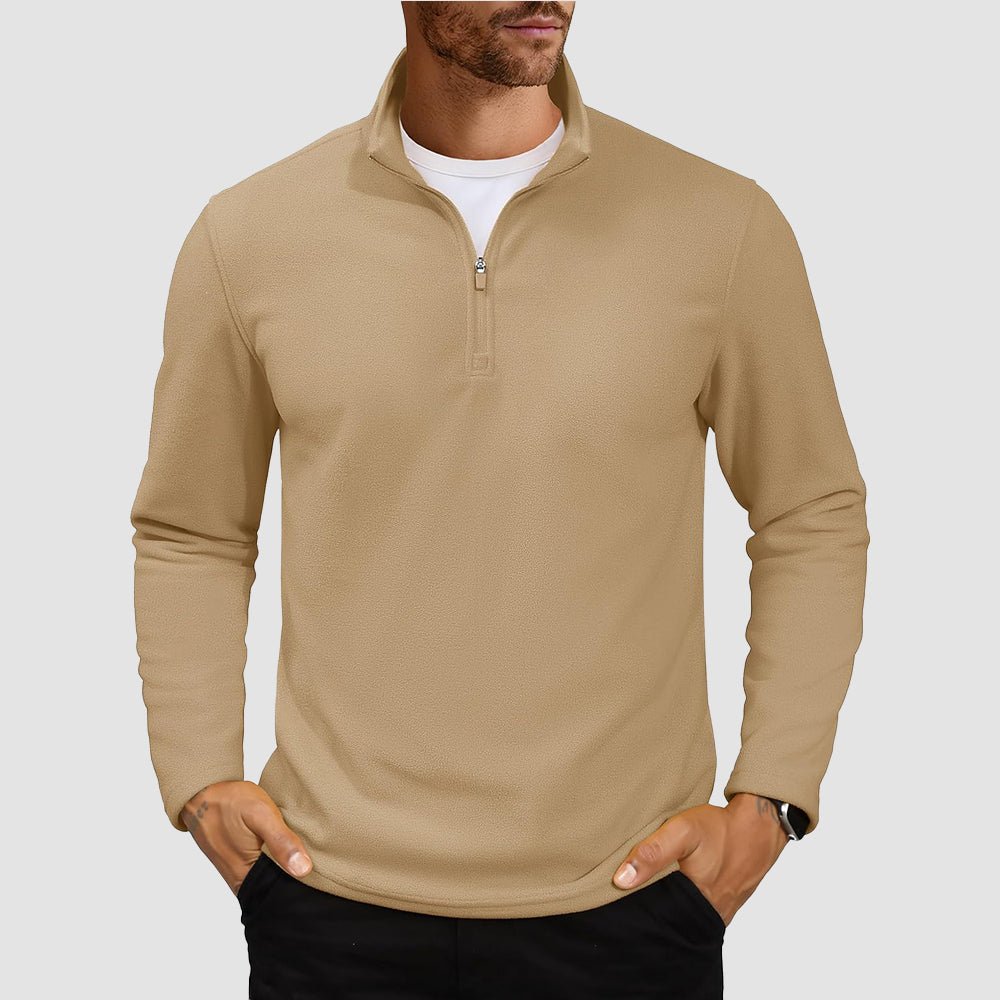 Men's polar fleece quarter-zip pullover sweatshirt with stand collar, lightweight wind-resistant warm layer