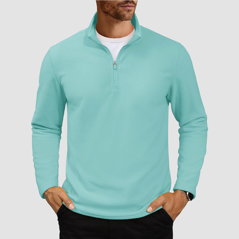 Men's lightweight polar fleece quarter-zip pullover sweatshirt with stand collar, wind-resistant warm layer