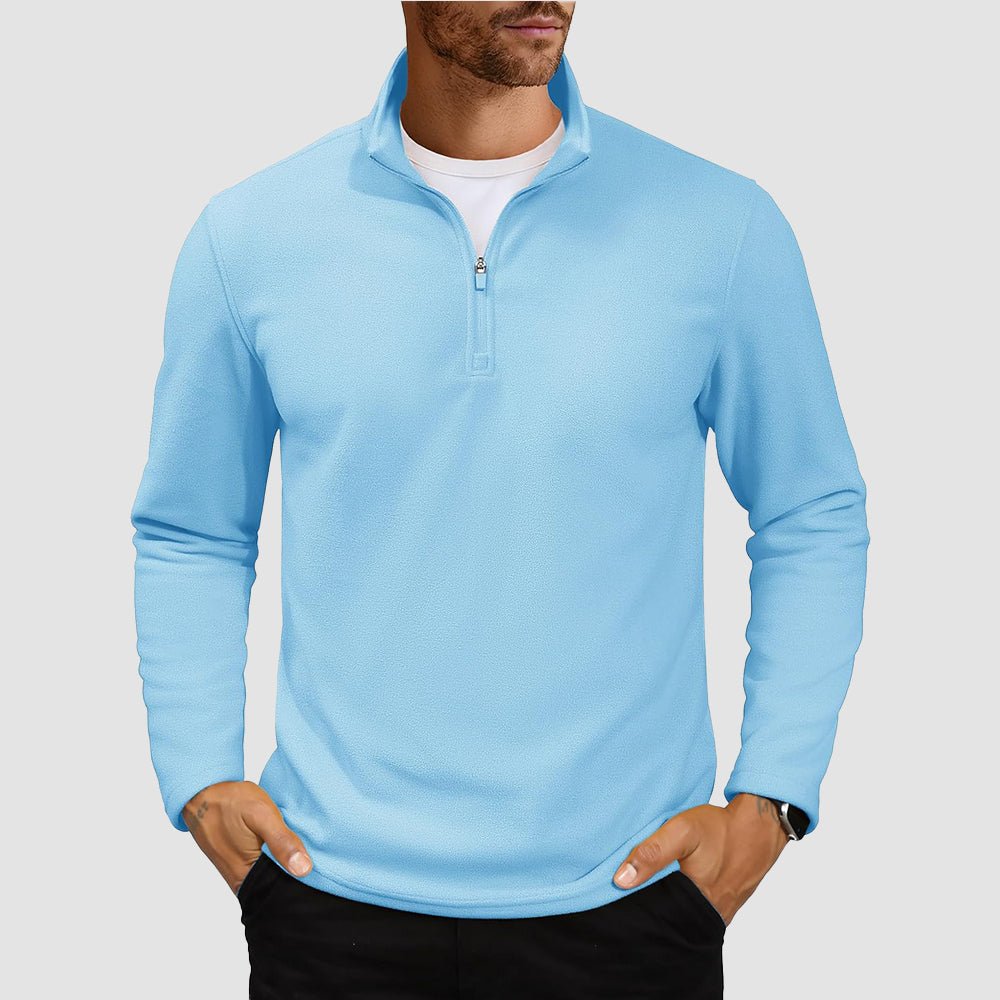 Men's polar fleece quarter-zip pullover sweatshirt with stand collar, lightweight wind-resistant warm layer