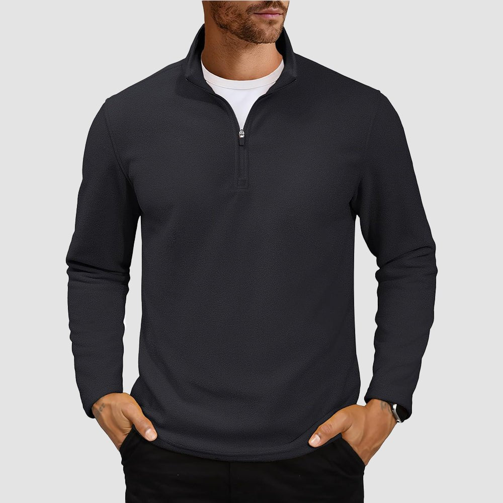 Men's polar fleece quarter-zip pullover sweatshirt with stand collar, lightweight wind-resistant warm layer