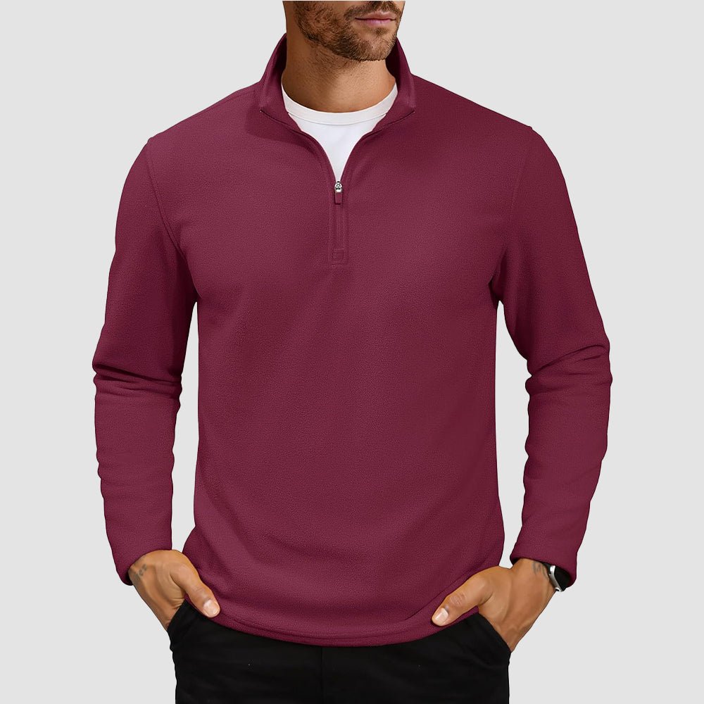 Men's lightweight polar fleece quarter-zip pullover sweatshirt with stand collar, wind-resistant warm layer