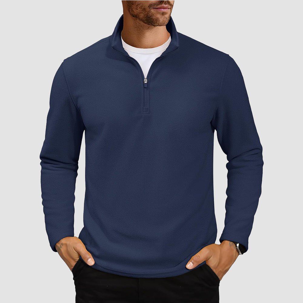 Men's lightweight polar fleece quarter-zip pullover sweatshirt with stand collar, wind-resistant