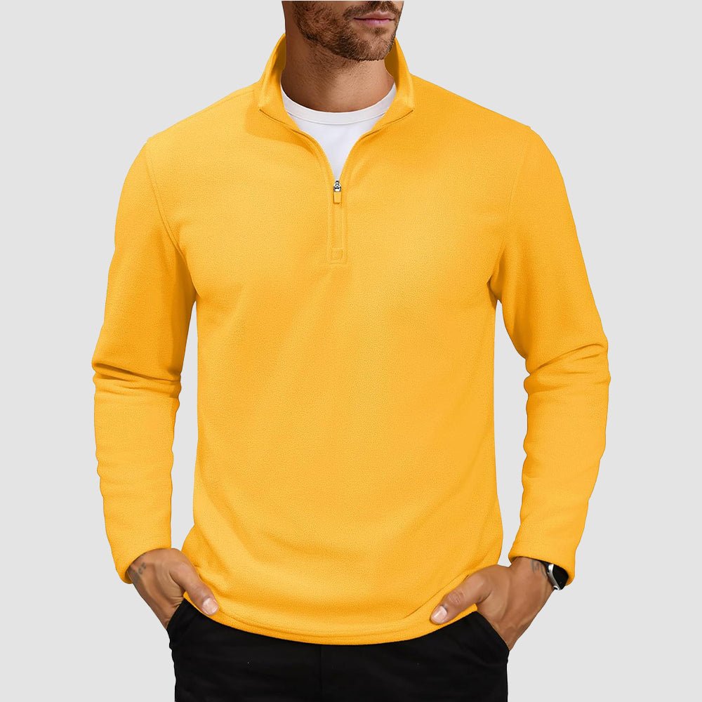Men's polar fleece quarter-zip pullover sweatshirt with stand collar, lightweight wind-resistant warm layer