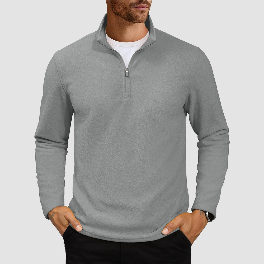 Men's lightweight polar fleece quarter-zip pullover sweatshirt with stand collar, wind-resistant warm layer