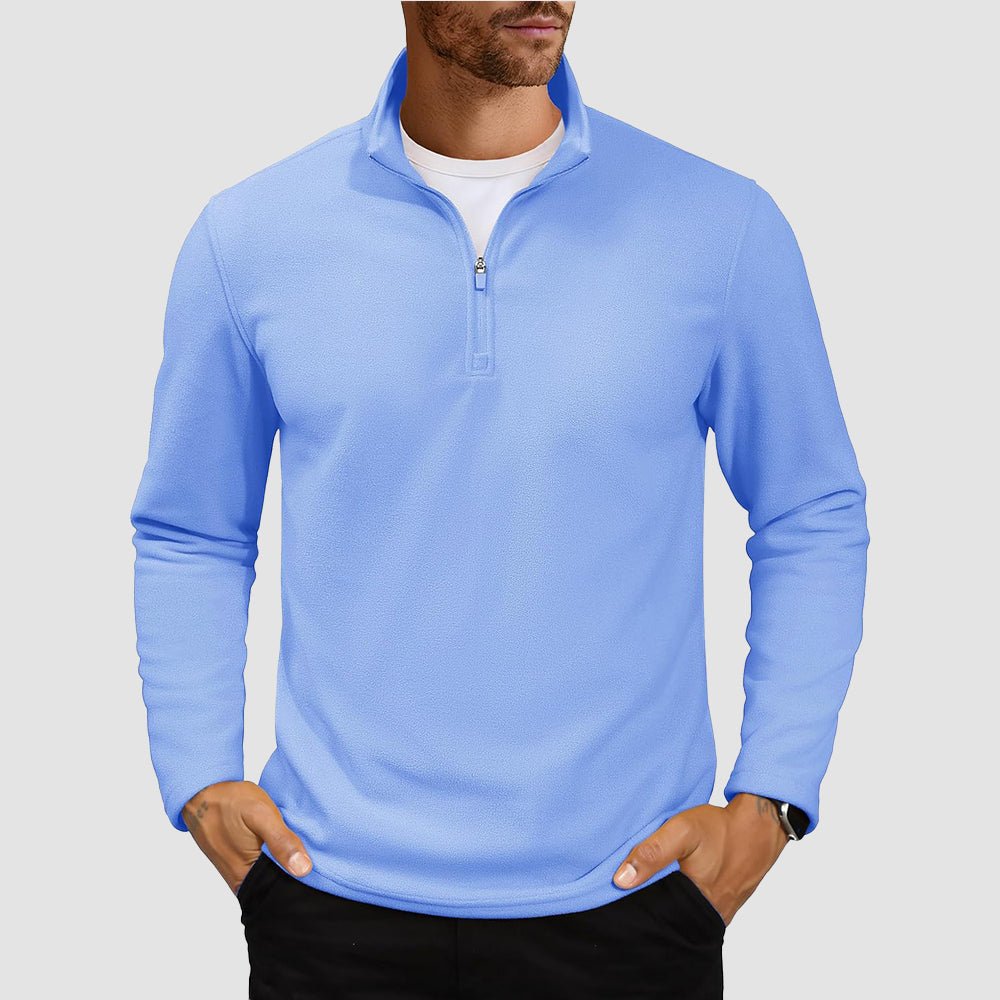 Men's lightweight polar fleece quarter-zip pullover sweatshirt with stand collar, wind-resistant warm layer