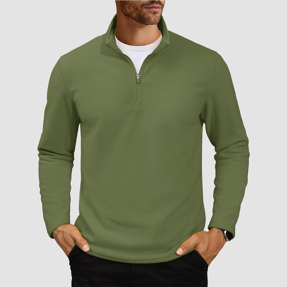 Men's polar fleece quarter-zip pullover sweatshirt with stand collar, lightweight wind-resistant warm layer