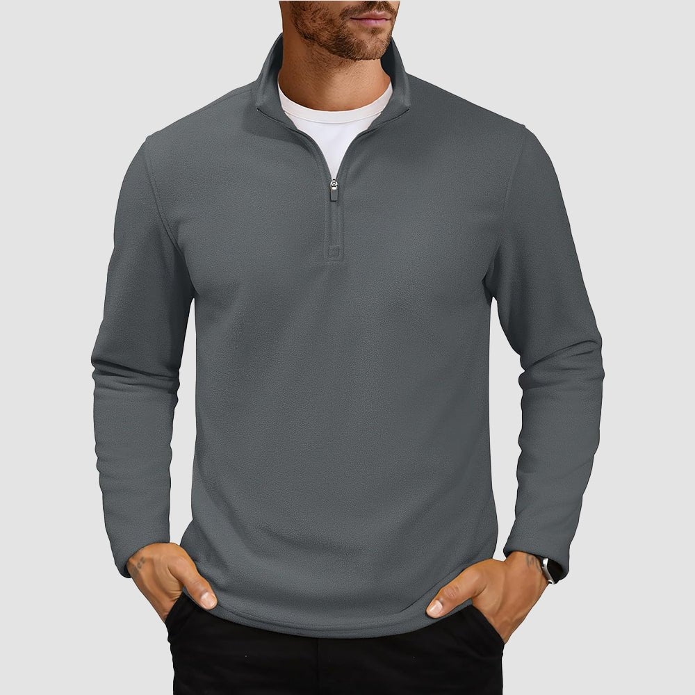 Men's lightweight polar fleece quarter-zip pullover sweatshirt with stand collar, wind-resistant warm layer