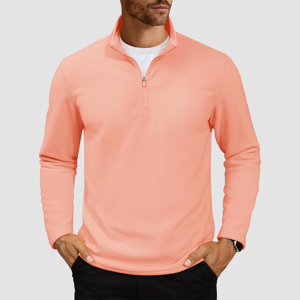 Men's lightweight polar fleece quarter-zip pullover sweatshirt with stand collar, wind-resistant warm layer