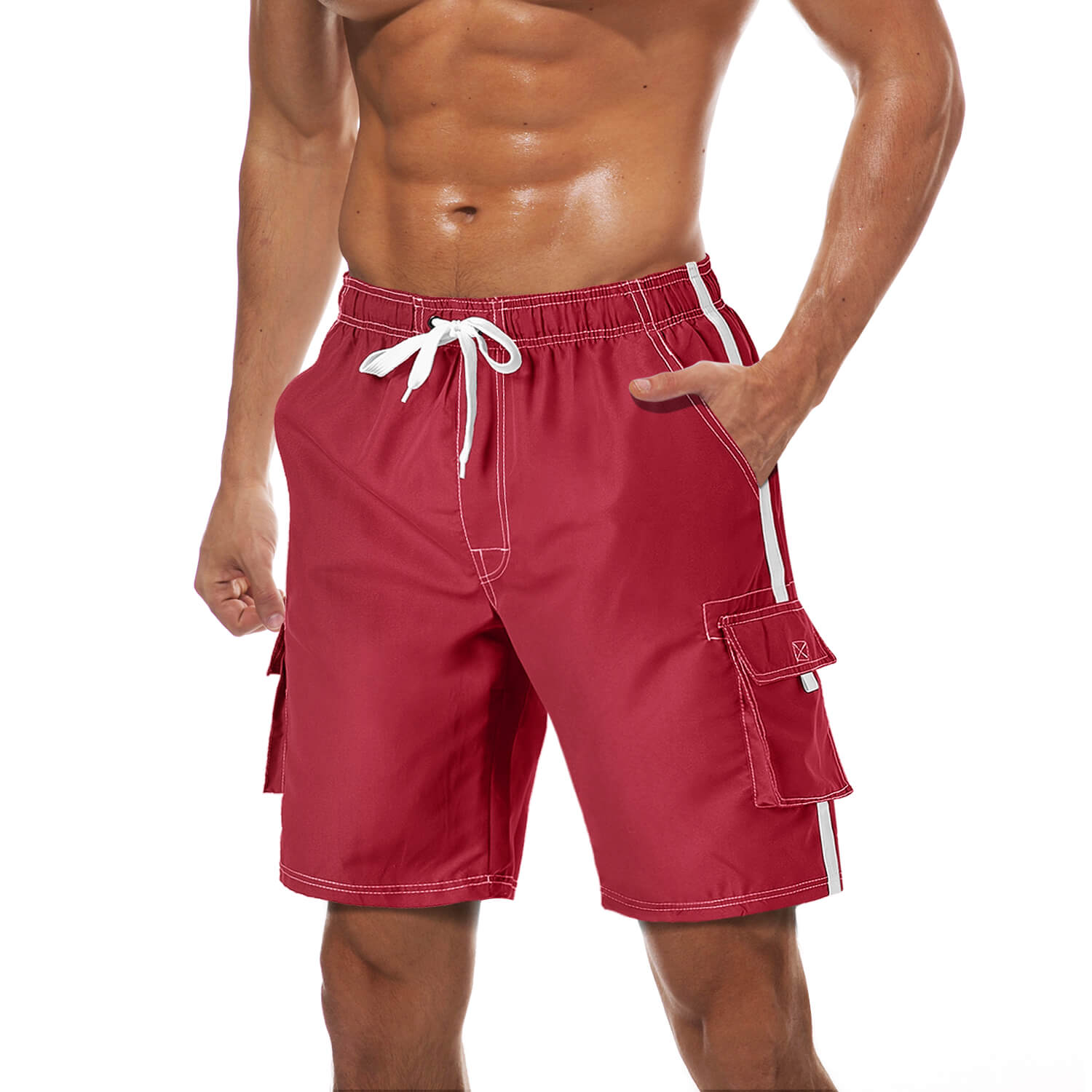 Men's quick-dry beach trunks with elastic drawstring waist, inner mesh lining, lightweight surf shorts