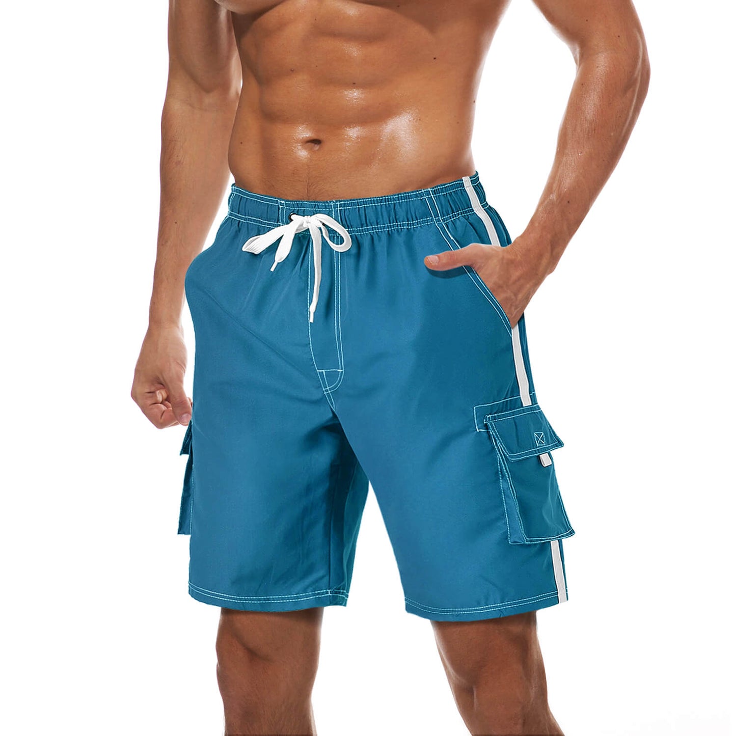Men's quick-dry beach trunks with elastic drawstring waist, inner mesh lining, lightweight surf shorts