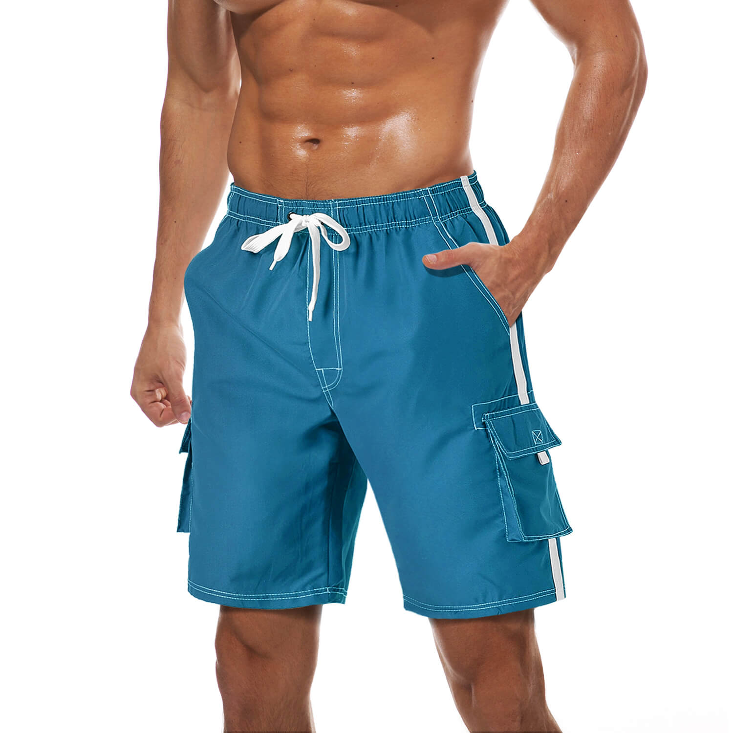 Men's quick-dry beach trunks with elastic drawstring waist, inner mesh lining, lightweight surf shorts