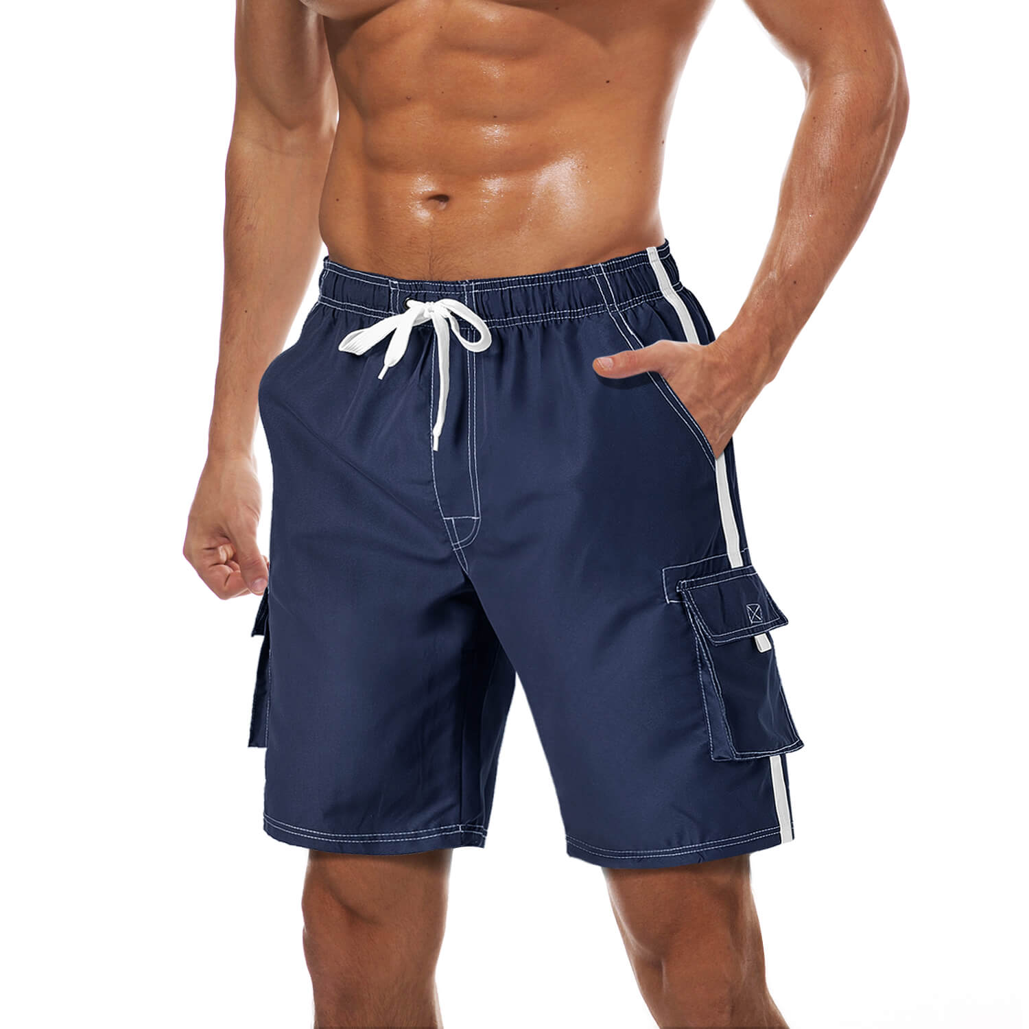 Men's quick-dry swim trunks with elastic drawstring waist and inner mesh lining for beach surfing