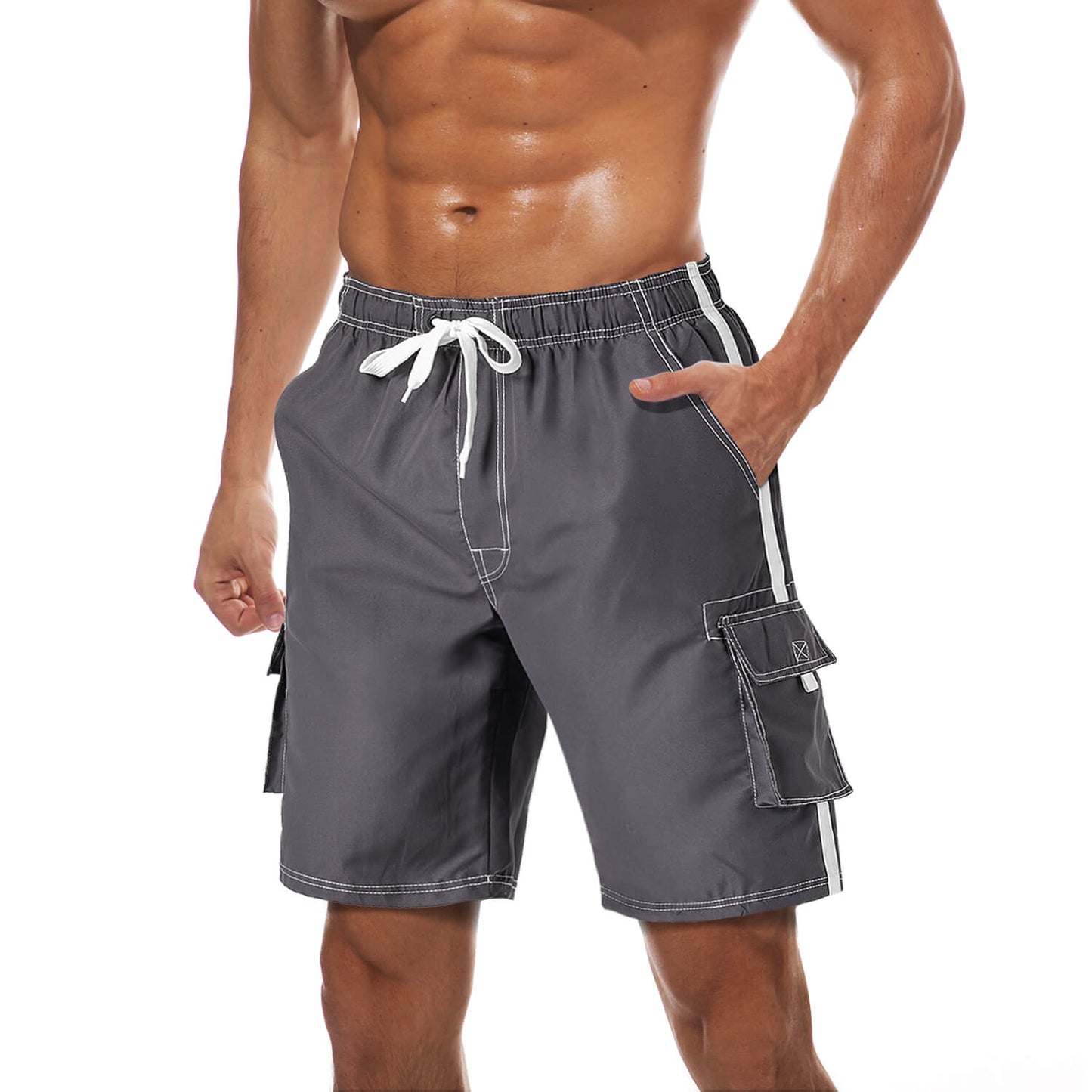 Men's quick-dry beach trunks with elastic drawstring waist, inner mesh lining, lightweight surf shorts