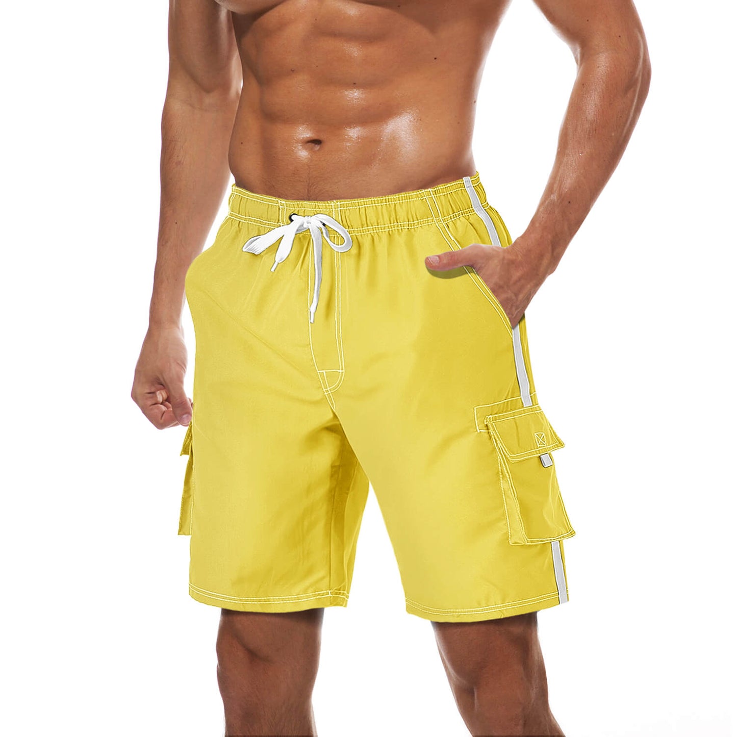 Men's quick-dry beach trunks with elastic drawstring waist, mesh lining, lightweight breathable polyester