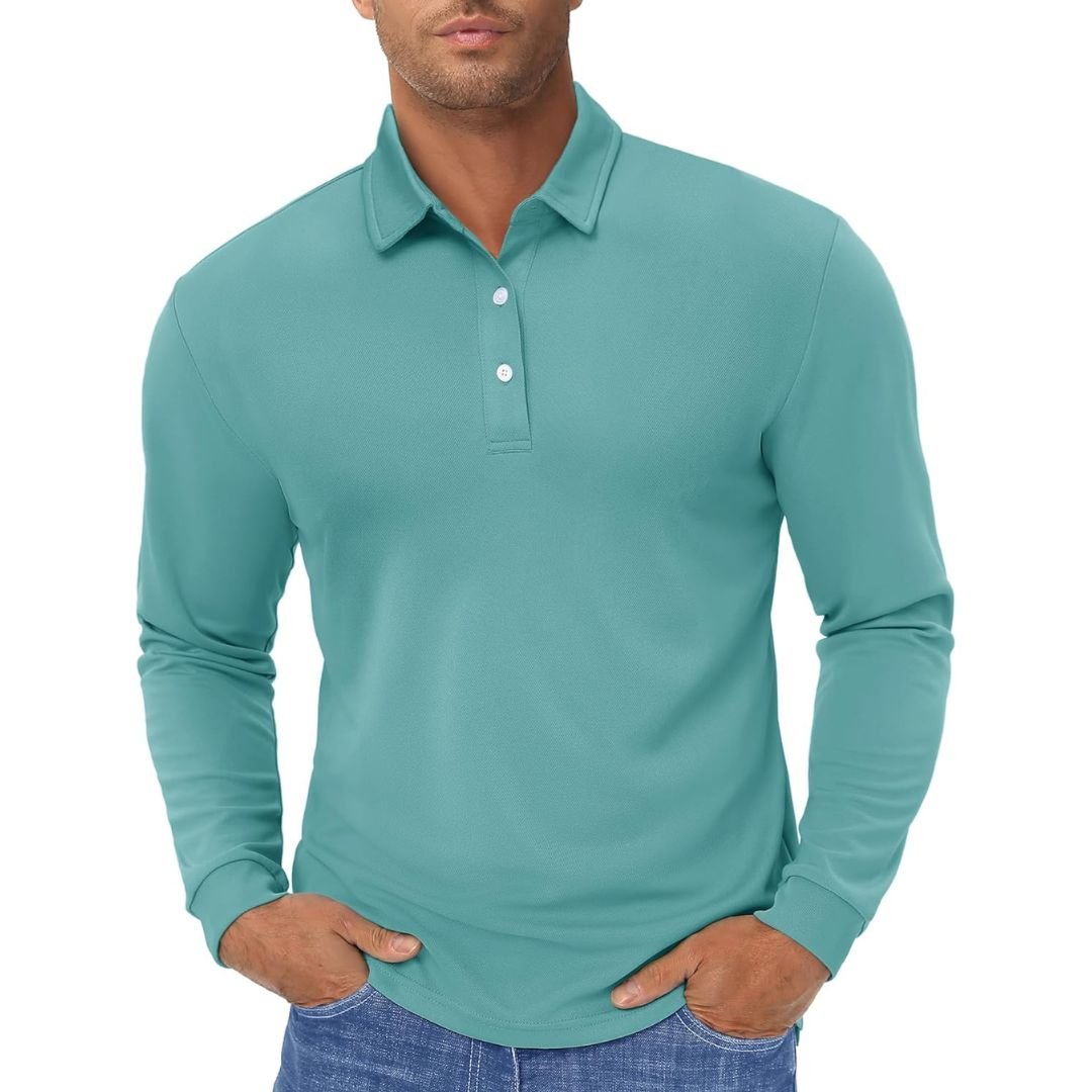 Men's long sleeve quick-dry polo shirt in classic fit, moisture-wicking polyester for golf and outdoor use