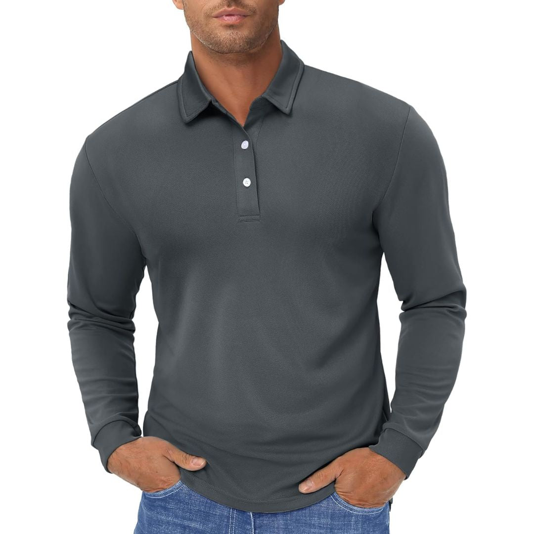 Men's long sleeve quick-dry polo shirt in classic fit, moisture-wicking polyester for golf and outdoor use