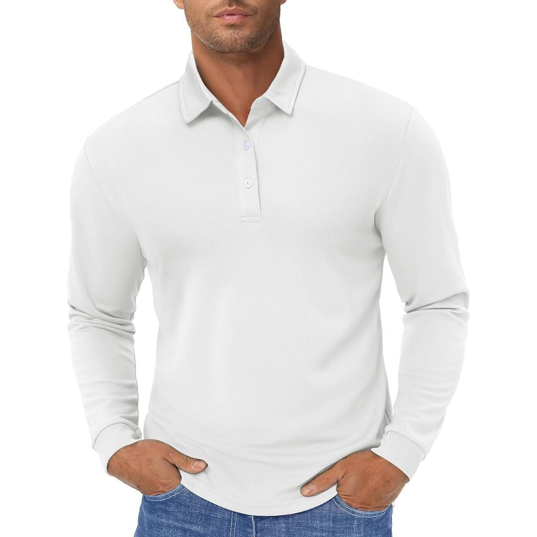 Men's long sleeve quick-dry polo shirt in solid color, lightweight moisture-wicking polyester for golf outdoor