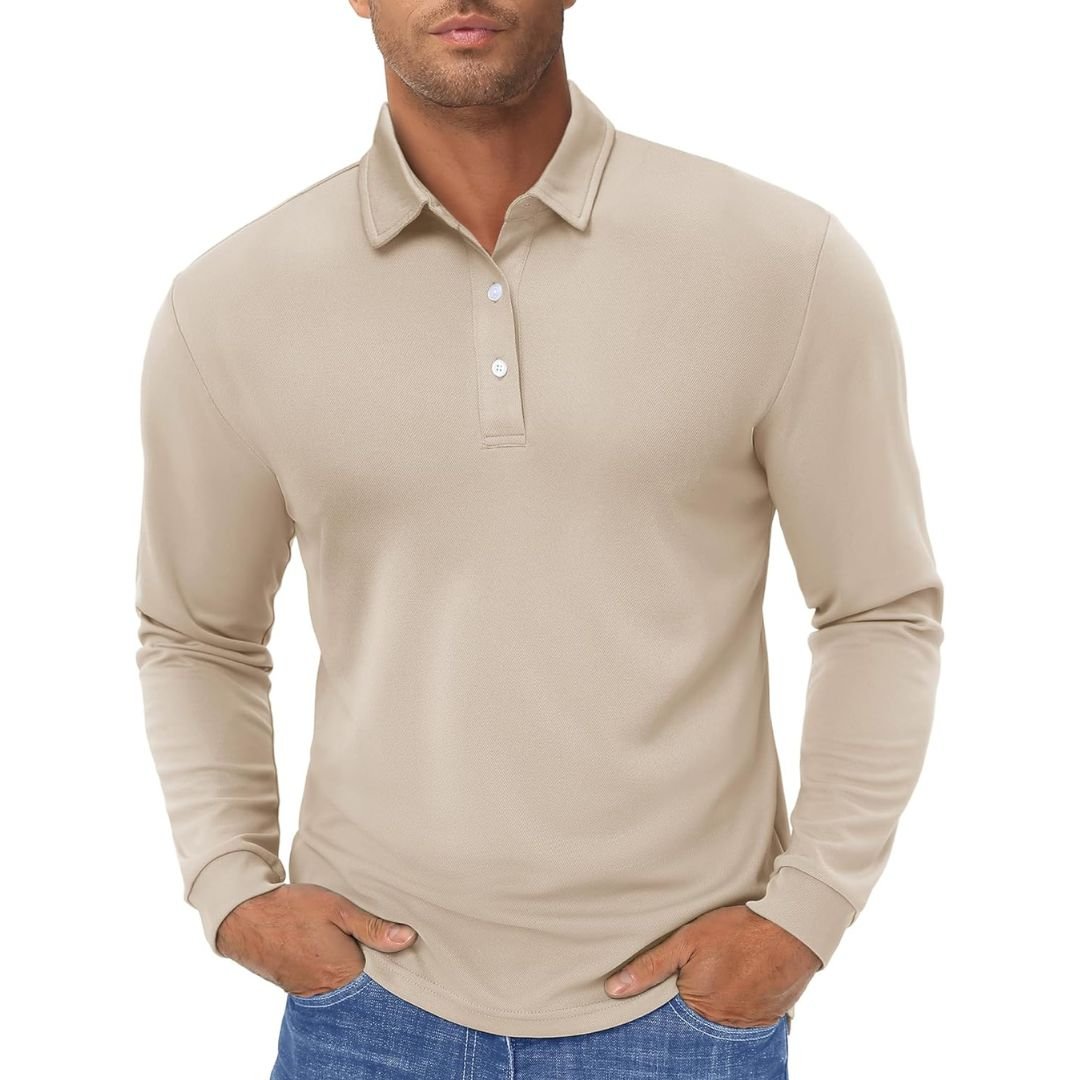 Men's long sleeve quick-dry polo shirt in solid color, moisture-wicking polyester for golf and outdoor use