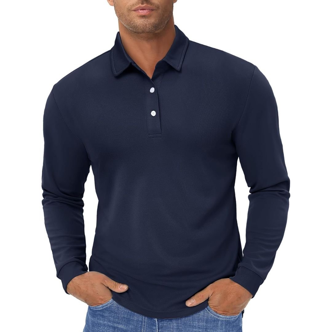 Men's long sleeve quick-dry polo shirt in classic fit, moisture-wicking polyester for golf and outdoor use