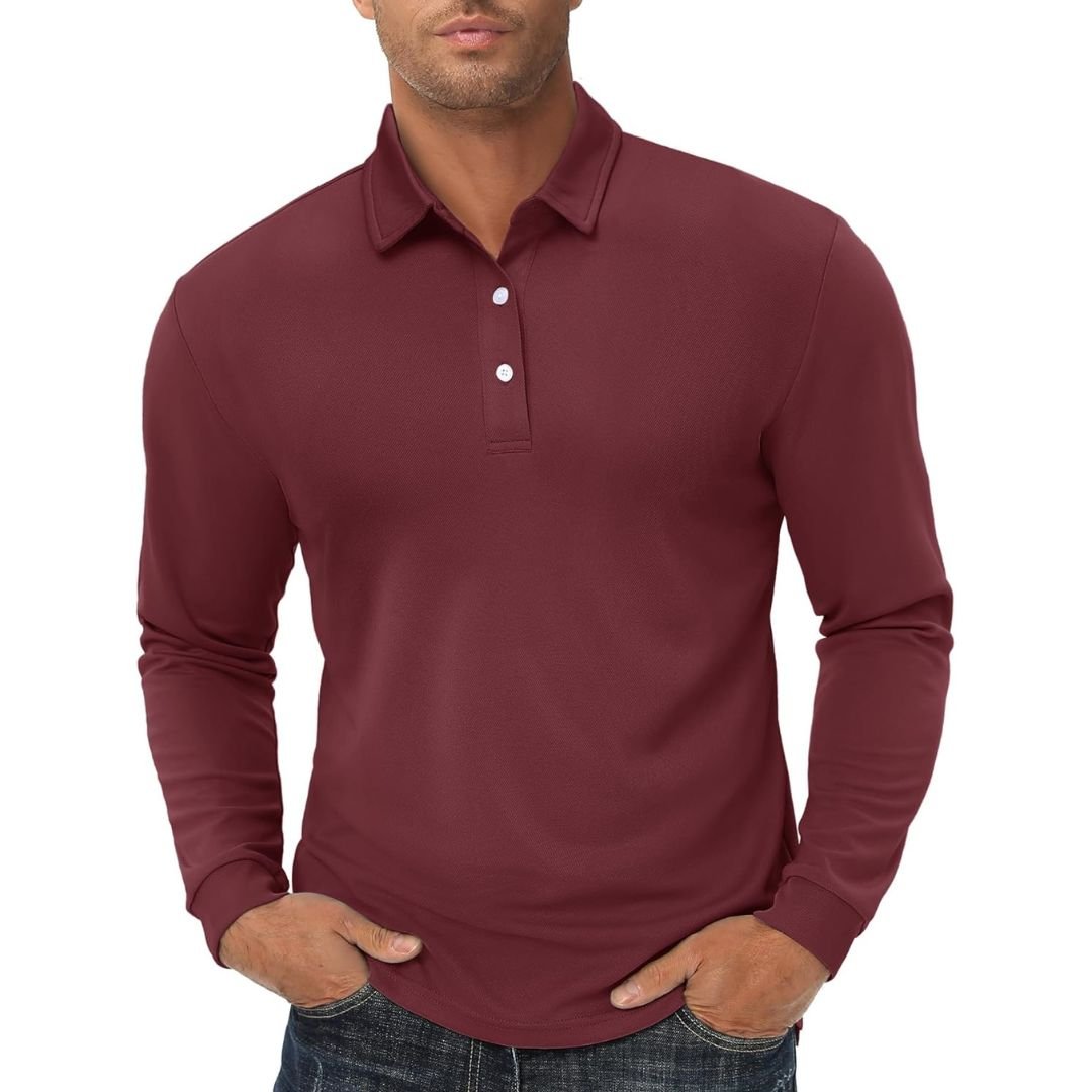 Men's long sleeve quick-dry polo shirt in classic fit with moisture-wicking tag-free collar for golf