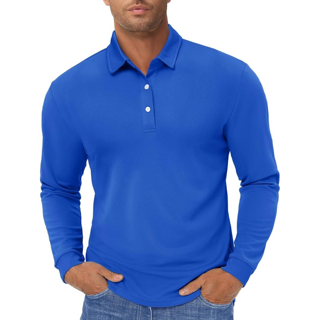 Men's long sleeve quick-dry polo shirt in solid color, moisture-wicking polyester for golf and outdoor use
