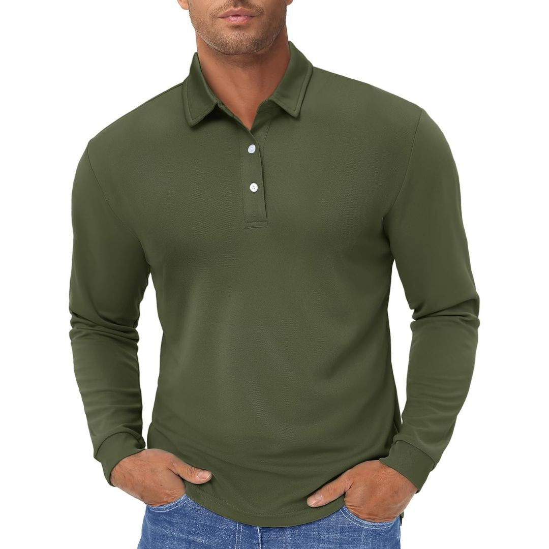 Men's long sleeve quick-dry polo shirt in solid color, moisture-wicking performance fit for golf outdoor