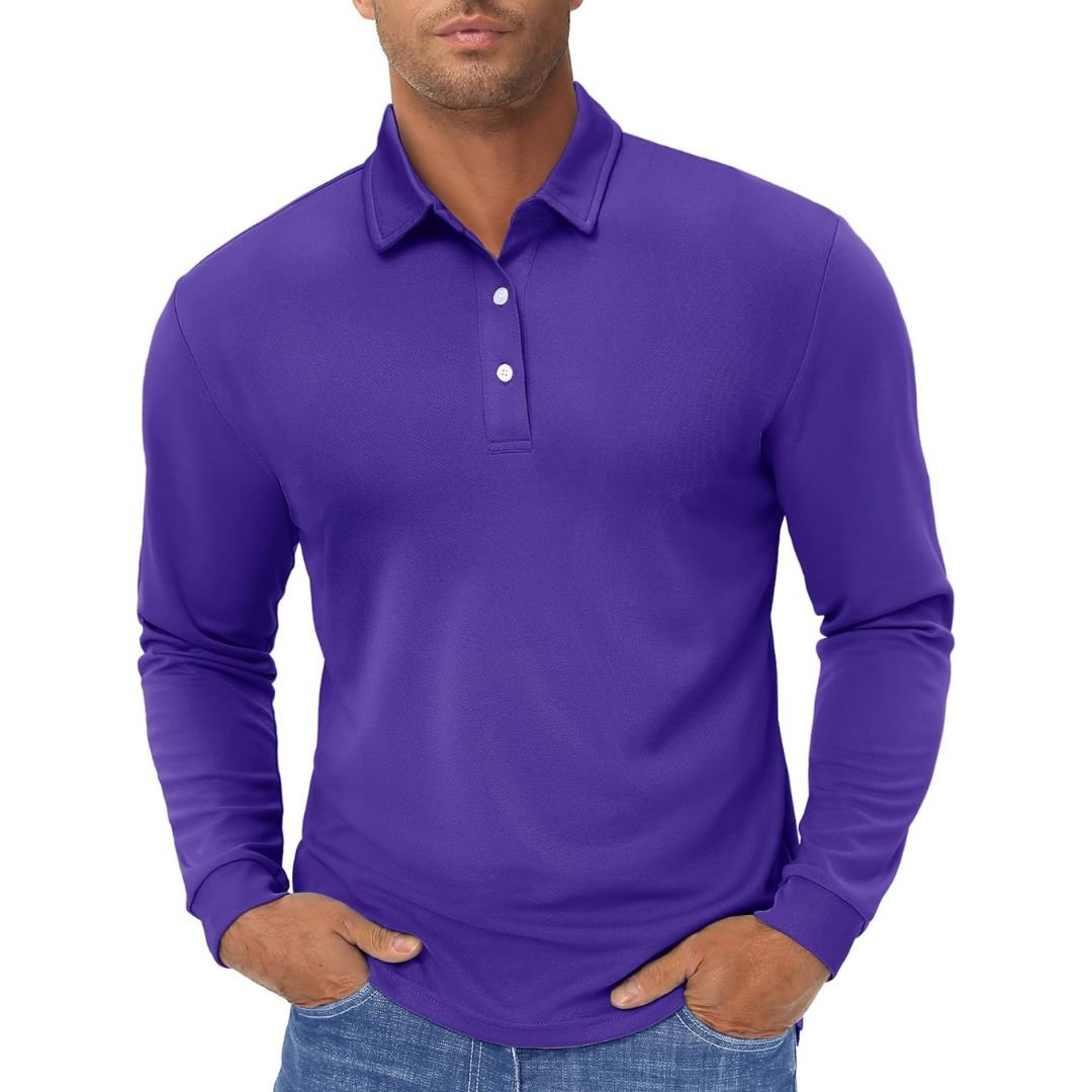 Men's long sleeve quick-dry polo shirt in classic fit, moisture-wicking polyester for golf and outdoor use