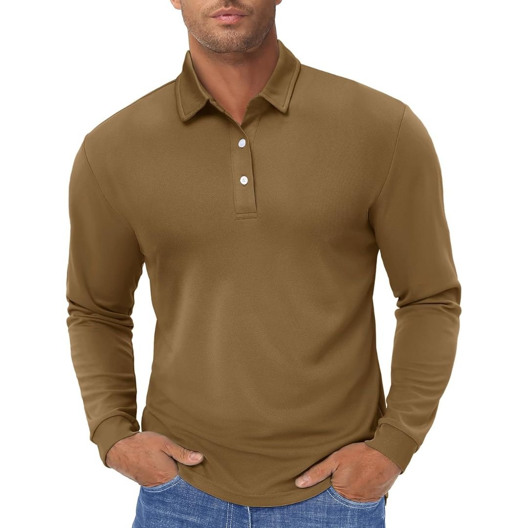Men's long sleeve quick-dry polo shirt in classic fit, moisture-wicking polyester for golf and outdoor use