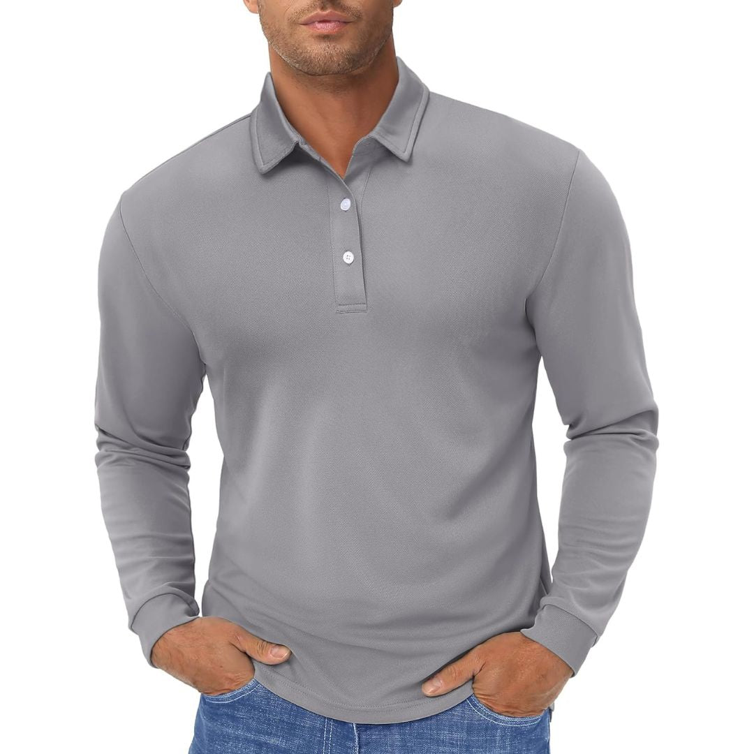 Men's long sleeve quick-dry polo shirt in classic fit, moisture-wicking polyester for golf and outdoor use